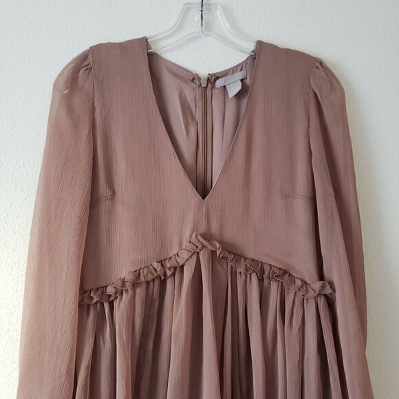 H&M Beige V-neck Chiffon Babydoll style Hi-Low Balloon sleeve dress,sz XXS - Picture 3 of 10